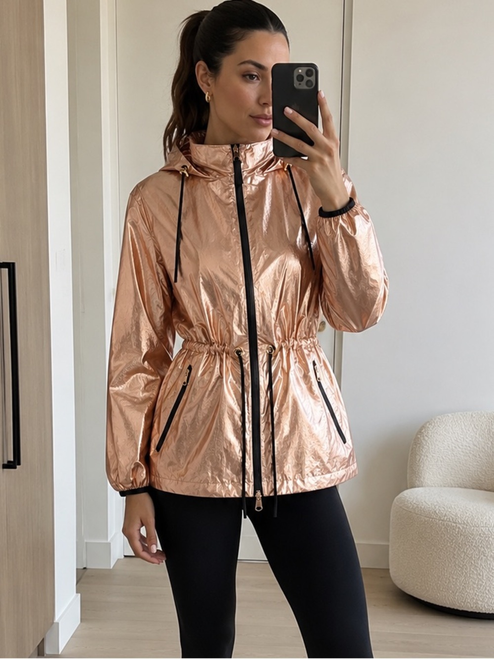Mackage Isha Metallic Rose Gold Hooded Rain Jacket Size S/P
